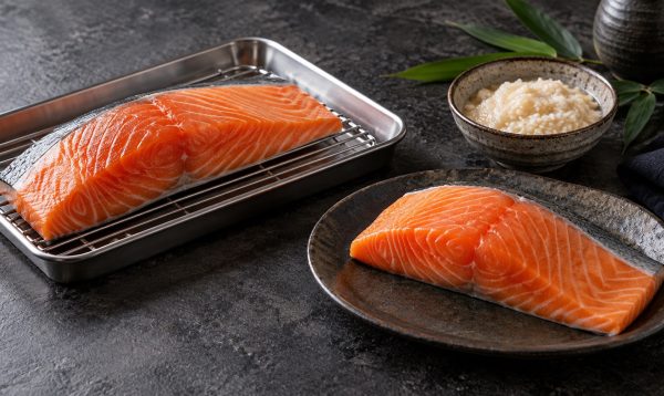 低温熟成用のサーモンと米麹の漬け床を並べた調理イメージ