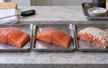 同じサーモンを鮮魚、低温で寝かせた状態、米麹に漬けた状態で並べた比較