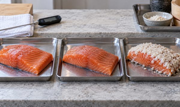 同じサーモンを鮮魚、低温で寝かせた状態、米麹に漬けた状態で並べた比較