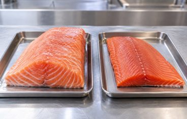厚く脂の筋が入ったキングサーモンと赤みが濃く細身の鮭のフィレを並べた比較