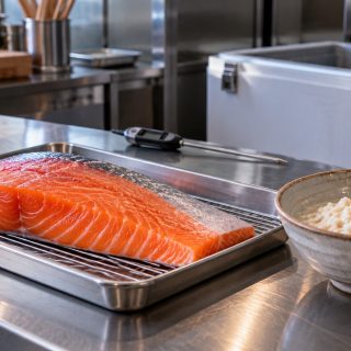 ステンレスの調理台に置かれたサーモンと米麹、温度計と保冷容器