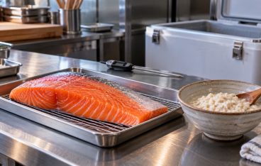 ステンレスの調理台に置かれたサーモンと米麹、温度計と保冷容器