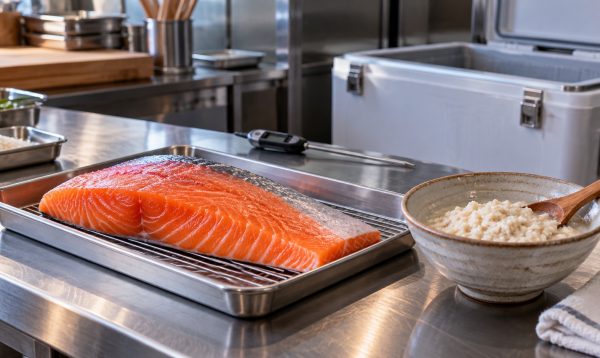 ステンレスの調理台に置かれたサーモンと米麹、温度計と保冷容器