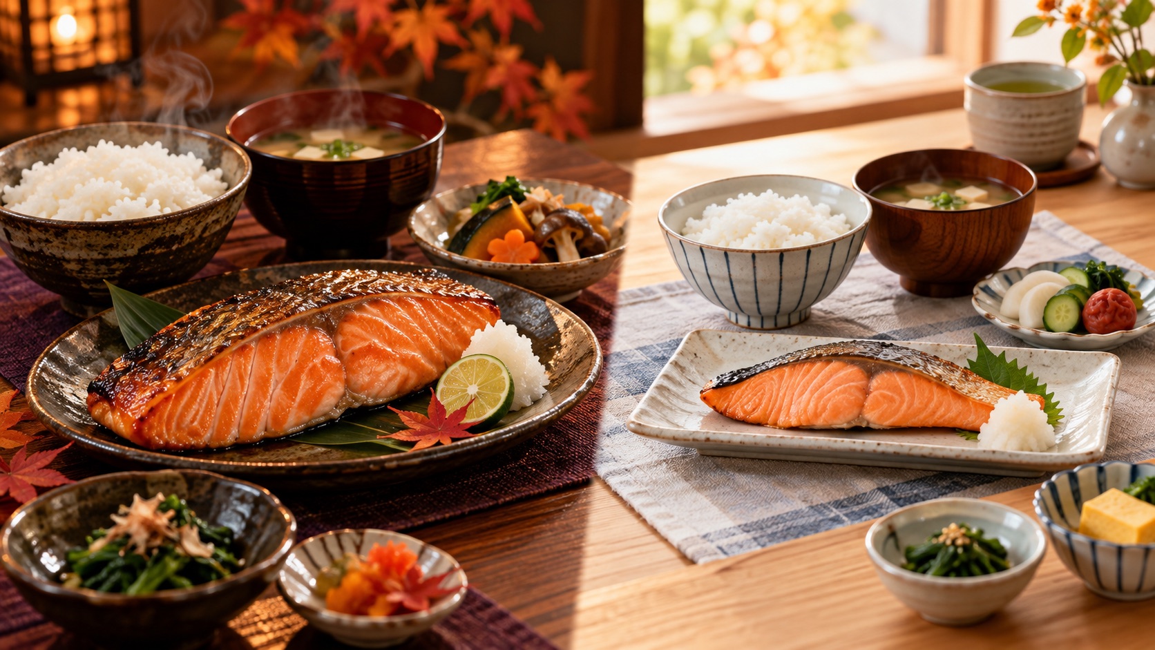濃厚な厚切りキングサーモンの夕食と軽やかな鮭の朝食を並べた秋の食卓