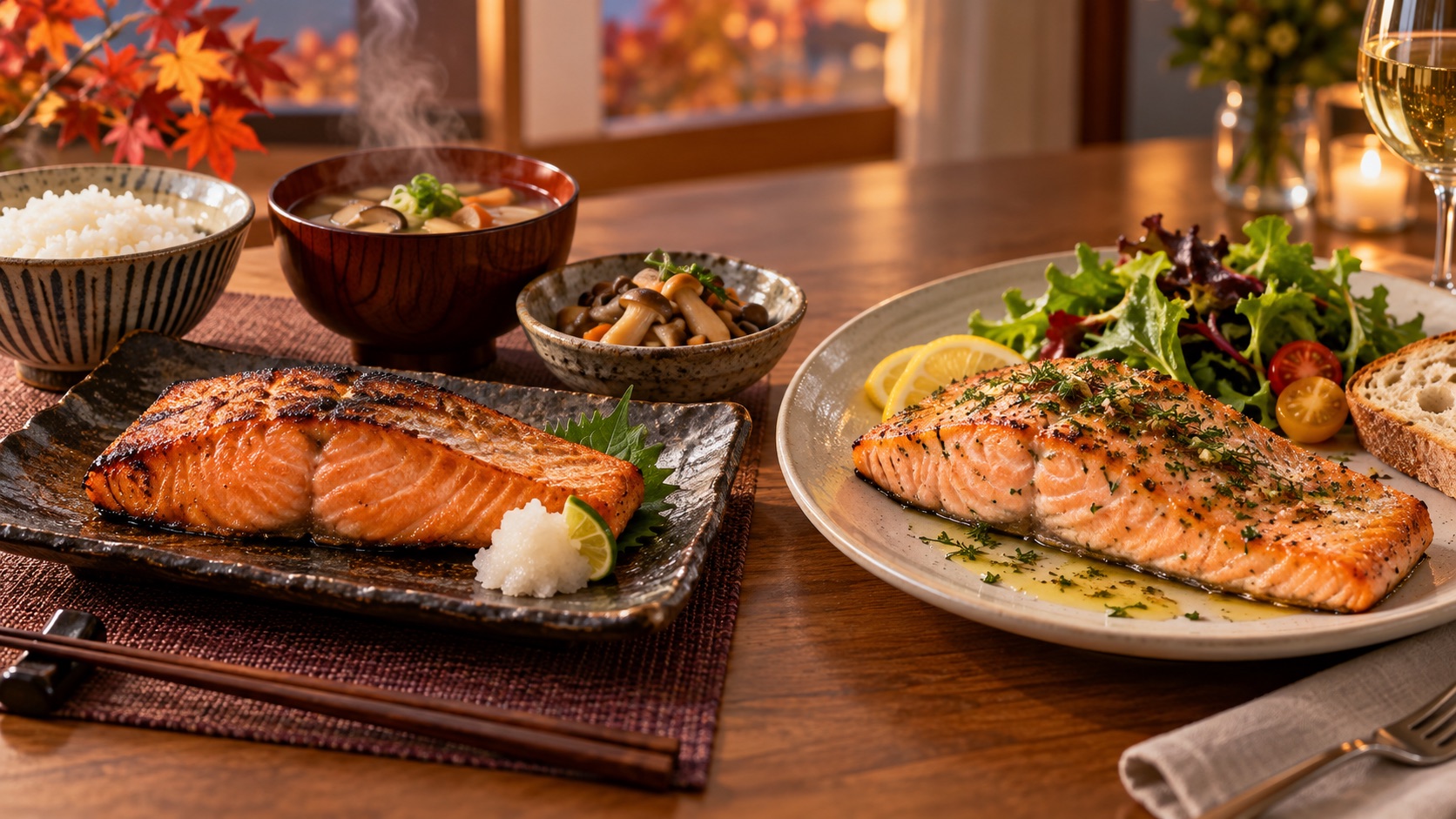 新米ときのこを添えたキングサーモンの和食とハーブやレモンを添えたアトランティックサーモンの洋食